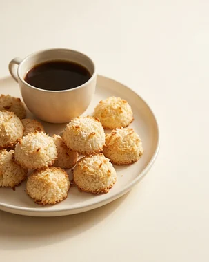 Biscoitos de coco dourados num prato, ao lado de uma xícara de café
