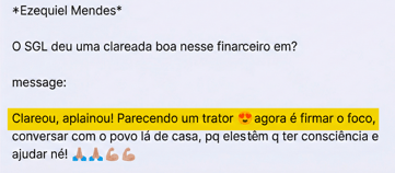 Resposta de aluno à pergunta do Ezequiel se o SGL deu uma clareada no financeiro: clareou, aplainou.
