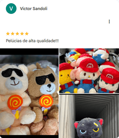 Avaliação de cliente no Google com fotos das pelúcias