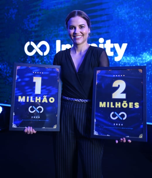 Luciana Ramos segurando placas de 1 milhão e 2 milhões
