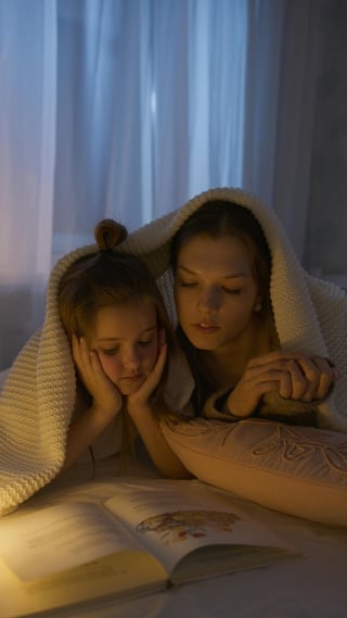 Mother and daughter reading together under a blanket at night