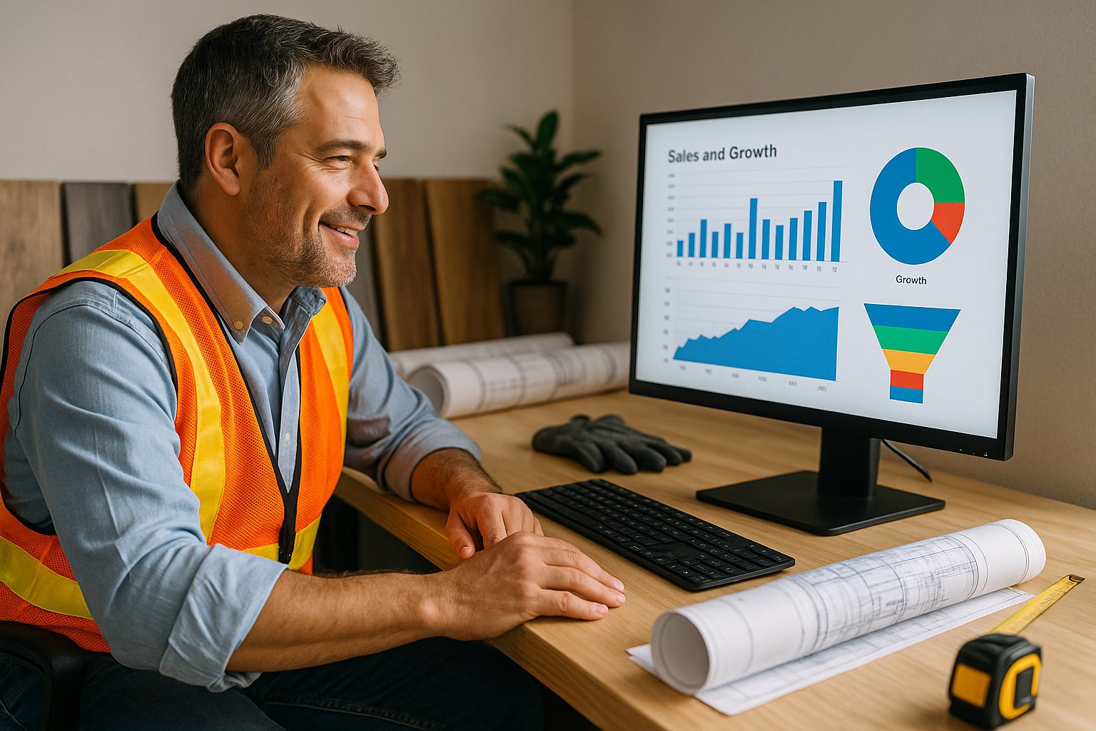 Flooring contractor reviewing growth and ROI dashboards