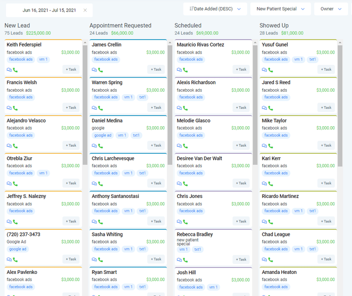 Real partner CRM kanban showing leads progressing from New Lead to Showed Up