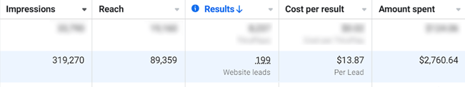 Meta Ads dashboard showing 199 website leads at $13.87 per lead