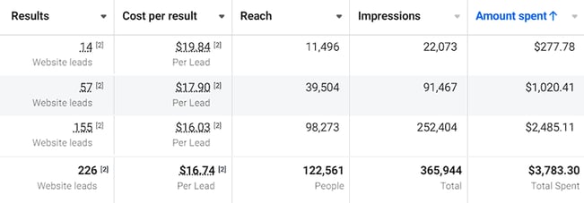 Meta Ads dashboard showing 226 website leads averaging $16.74 per lead