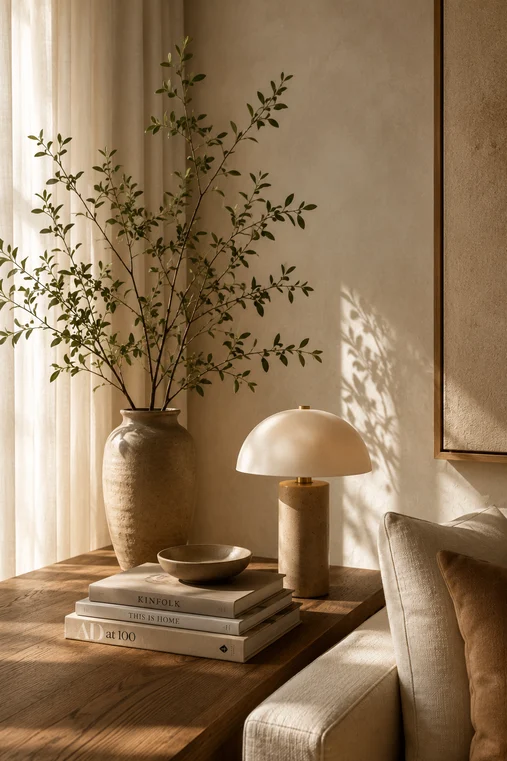 Ambiente Levezza com vaso, livros, iluminação suave e materiais naturais