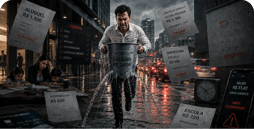 Homem correndo na chuva carregando um balde furado de contas