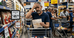 Homem assustado com os preços no supermercado