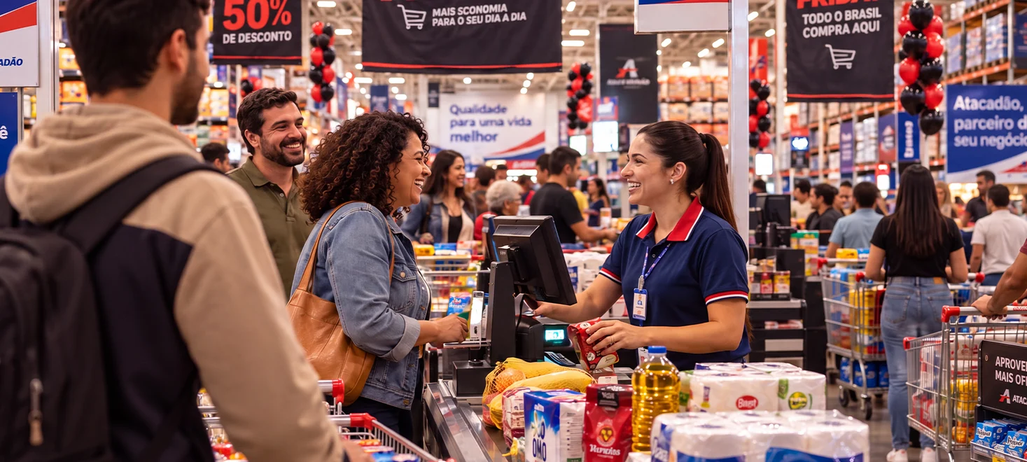 Cliente avalia um produto na prateleira enquanto faz compras em um supermercado atacadista.