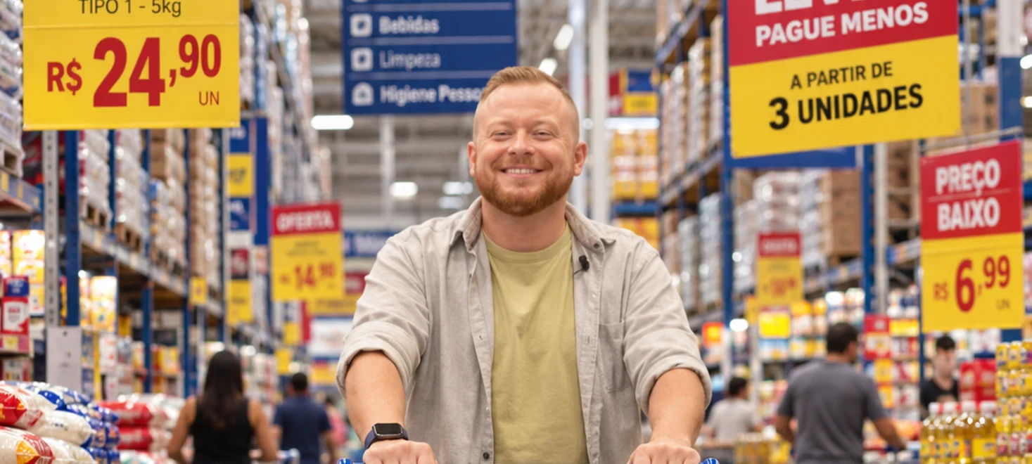 Cliente avalia um produto na prateleira enquanto faz compras em um supermercado atacadista.