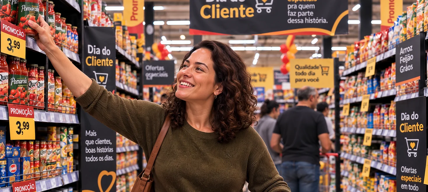 Cliente avalia um produto na prateleira enquanto faz compras em um supermercado atacadista.