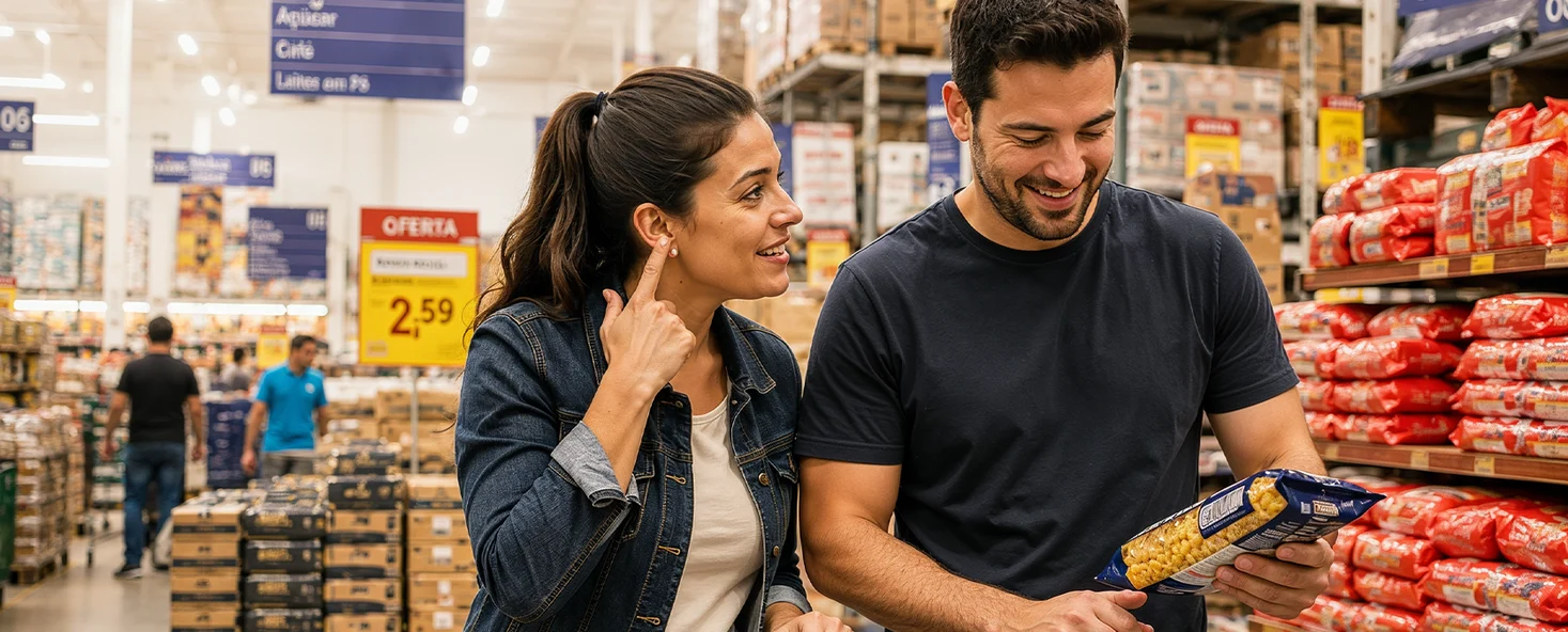 Casal fazendo compras em um supermercado atacadista brasileiro e reagindo positivamente à comunicação transmitida pela rádio indoor da loja.